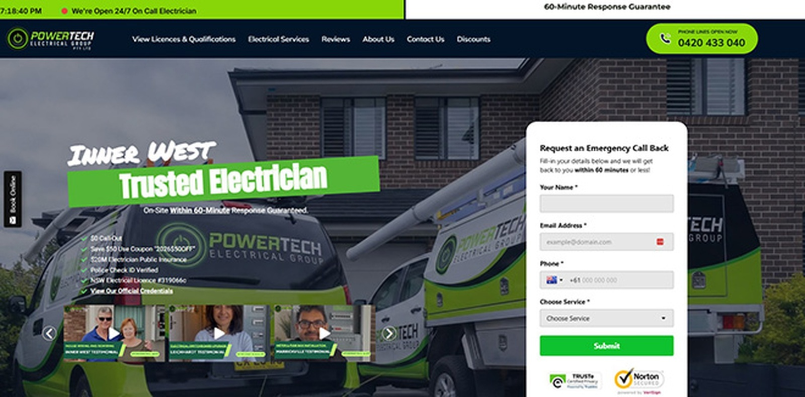 Emergency Electrician website designed by St.George Web Design.